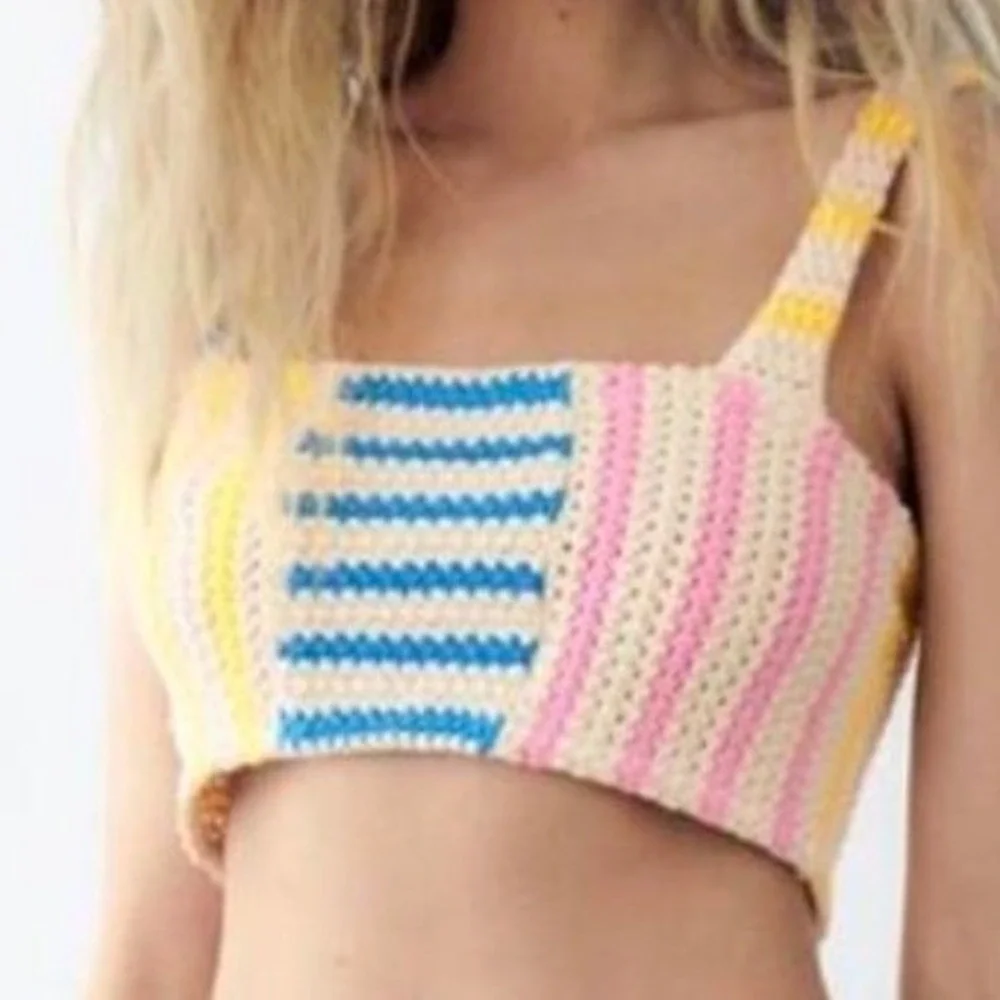 Zara Womens Medium‎ Crochet Knit Crop Top Tank Multicolor Striped Beachwear NWOT